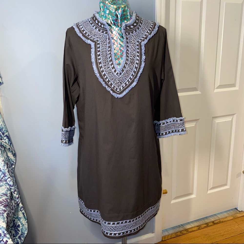 Gretchen Scott Designs Brown Tunic Dress with Light Blue Trim